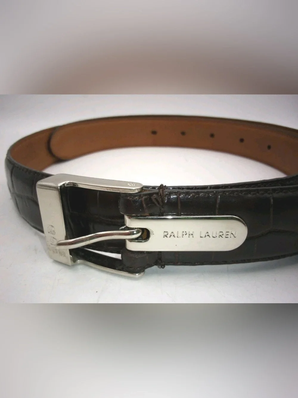 Vintage Ralph Lauren RL Dark Brown Crocodile Embossed Leather Skinny Belt